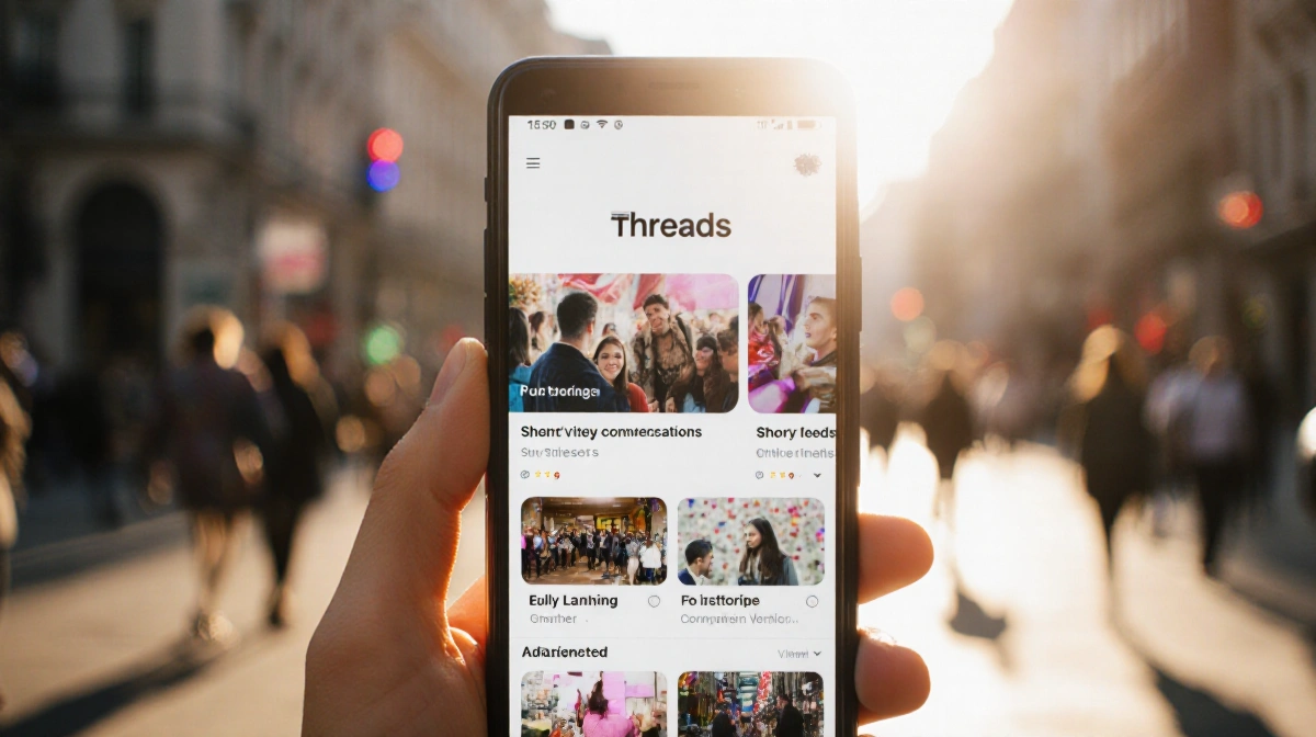Phone shows Threads app with colorful posts and city street blurred behind