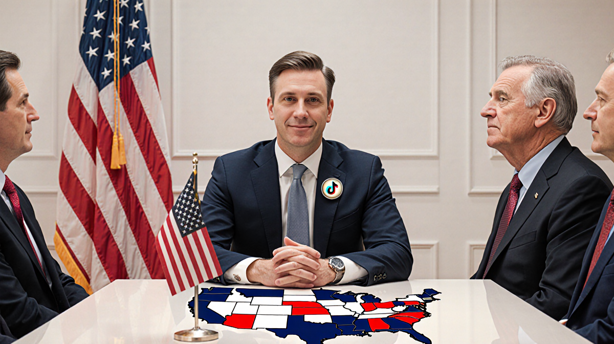 Adam Presser sits at a boardroom table with an Oracle badge and TikTok US flag and map while Larry Ellison nods beside him.