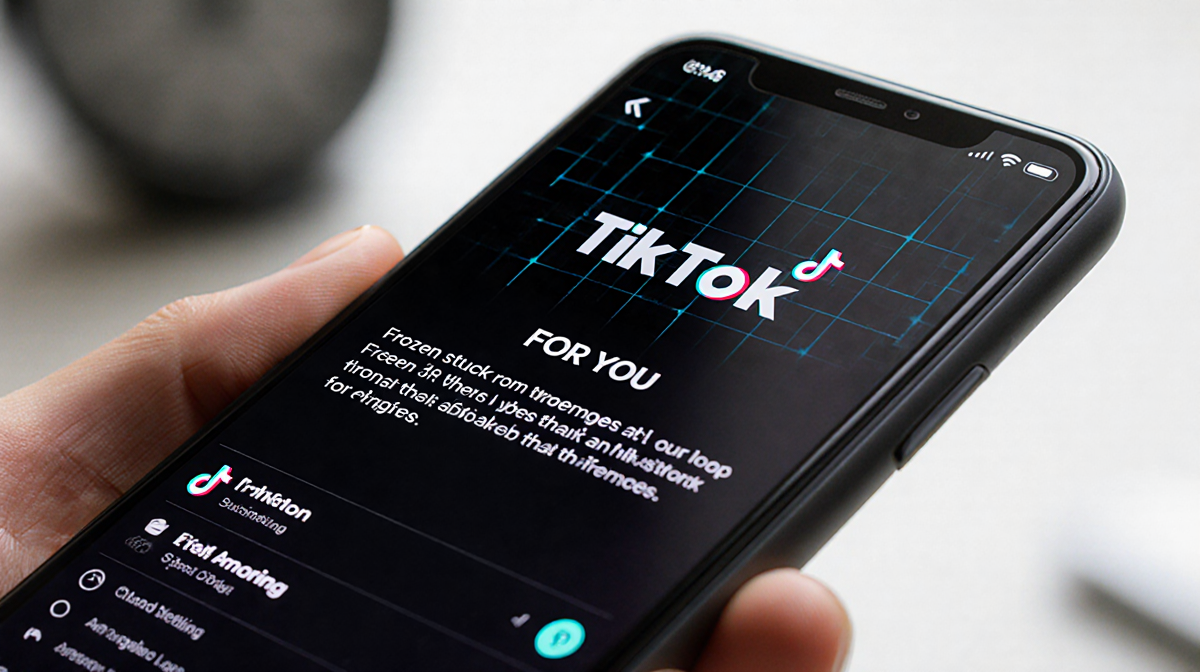 Mobile device displaying TikTok For You page frozen with Sunday morning clock and grid overlay indicating outage