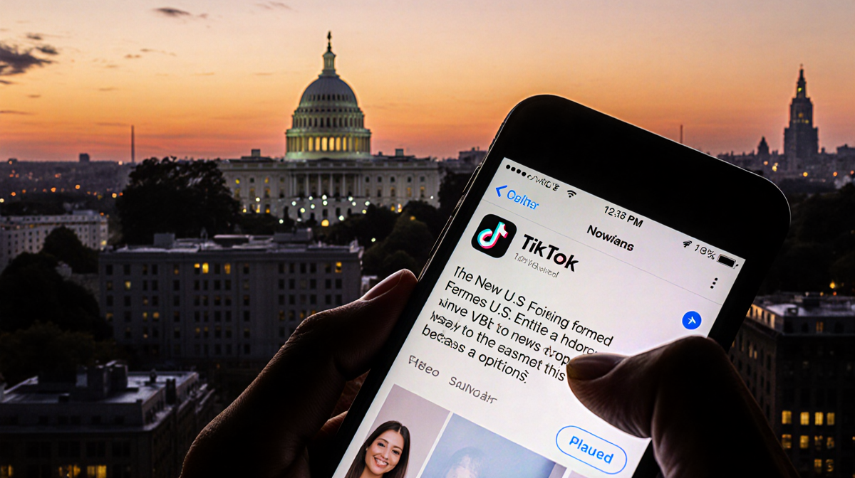 Smartphone screen showing TikTok notification about US entity with sunset cityscape background and White House outline.
