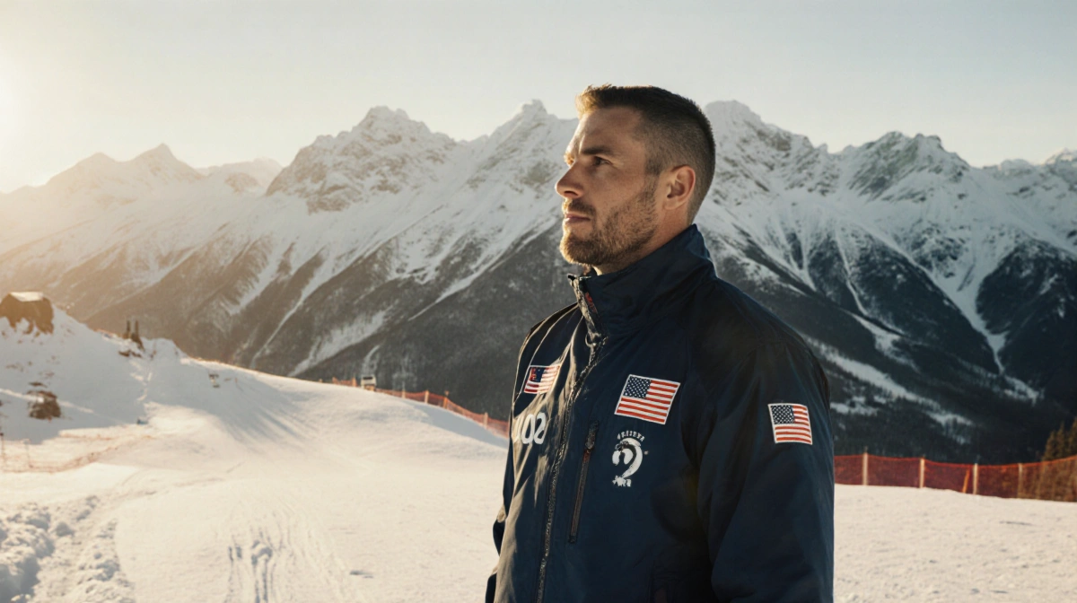 Tim Burke a biathlete standing at the edge of a ski slope with mountains and a golden glow and an American flag pin