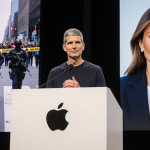 Tim Cook stands behind a podium with Apple logo and screens of Minneapolis protest over a blurred cityscape with police tape.