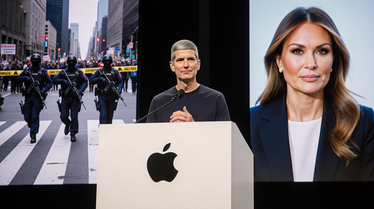 Tim Cook stands behind a podium with Apple logo and screens of Minneapolis protest over a blurred cityscape with police tape.
