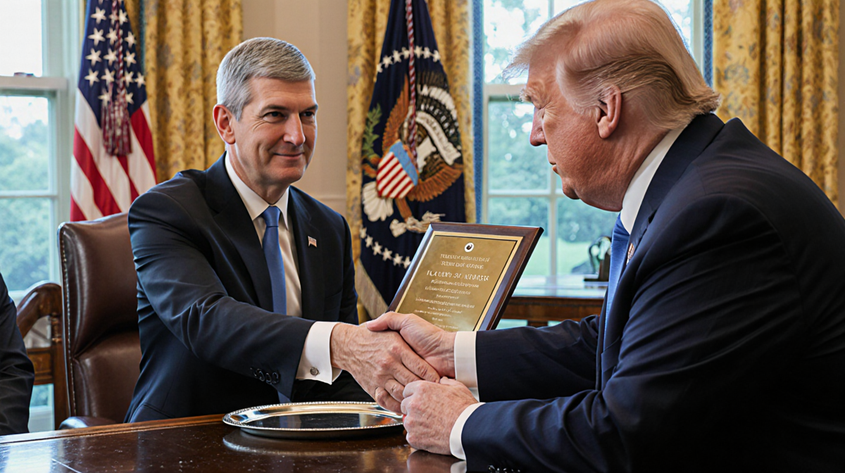Tim Cook extends a gold plaque to President Trump with a silver tray in the White House dining room and soft light.