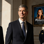 Tim Cook standing at White House entrance with Secret Service agents and faint documentary poster behind him with warm glow