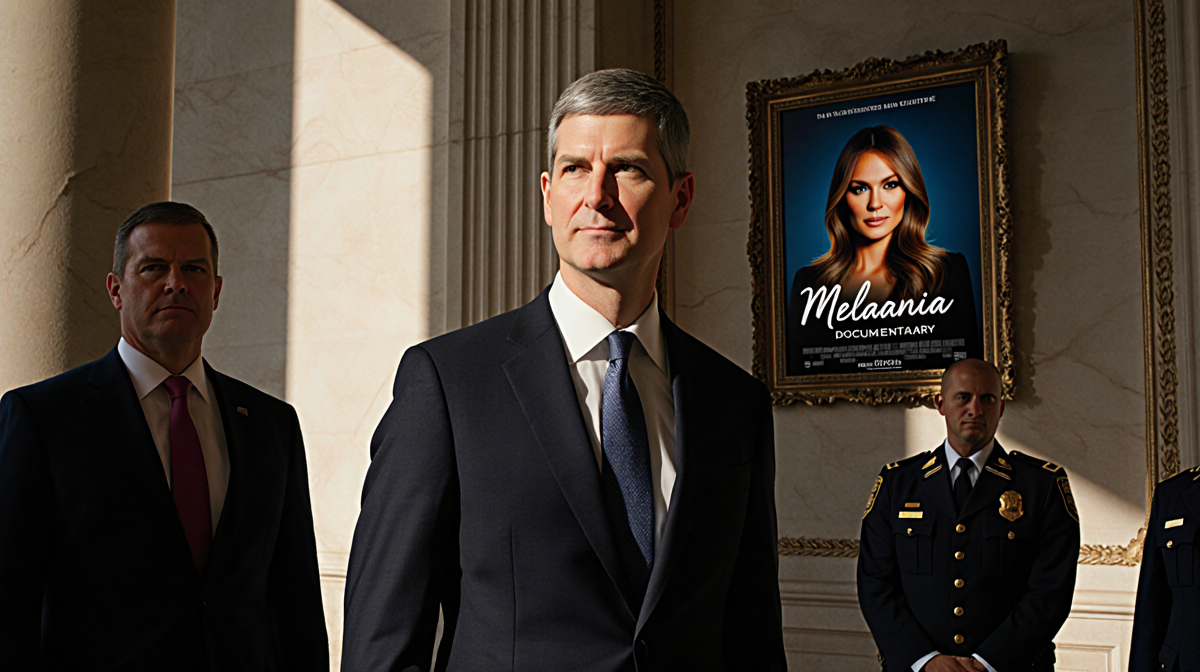 Tim Cook standing at White House entrance with Secret Service agents and faint documentary poster behind him with warm glow