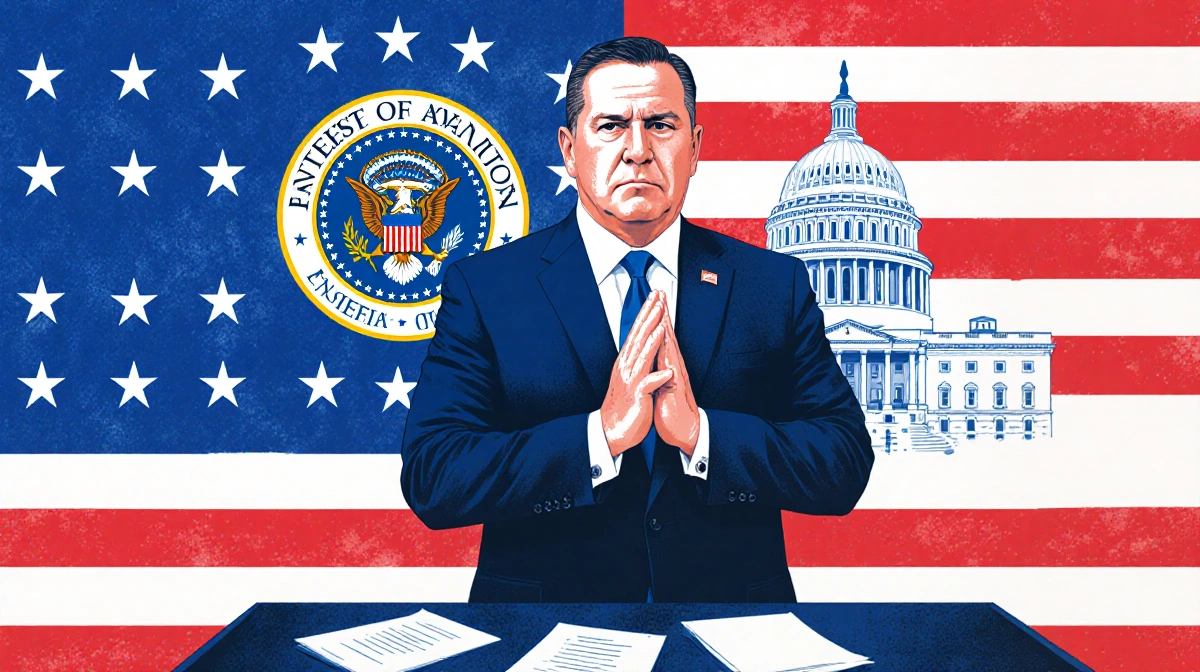 Governor Tim Walz standing in front of American flag with hands clasped and Trump building behind and papers at his feet