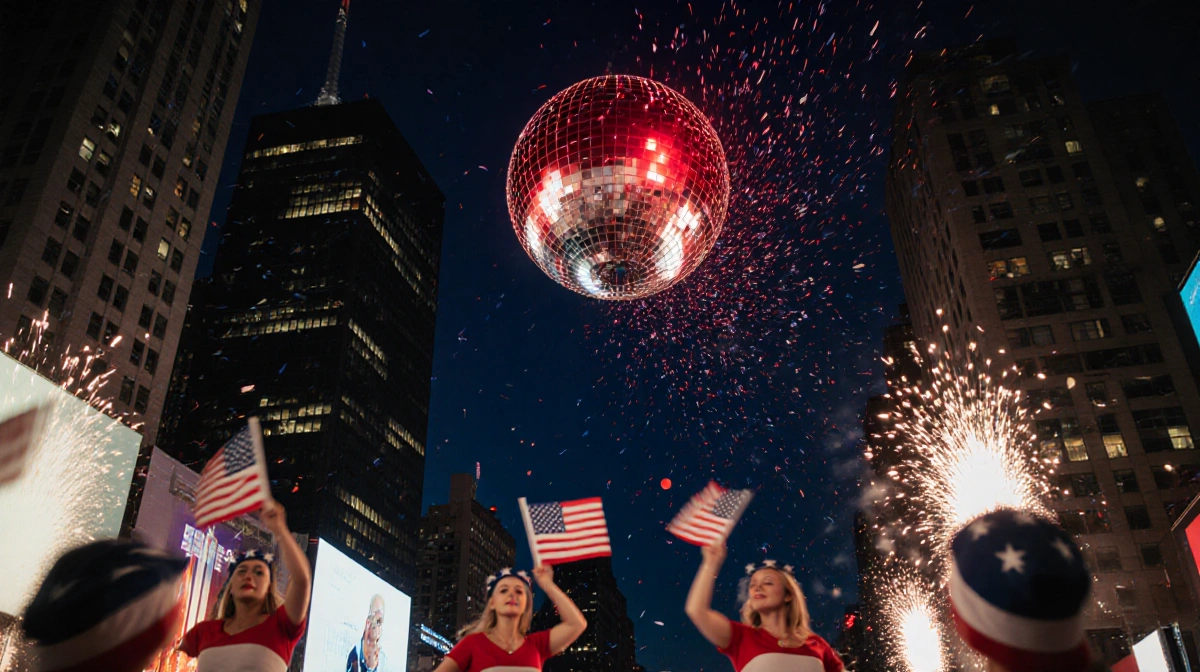 Red ball dropping over Times Square with fireworks and confetti lighting night sky