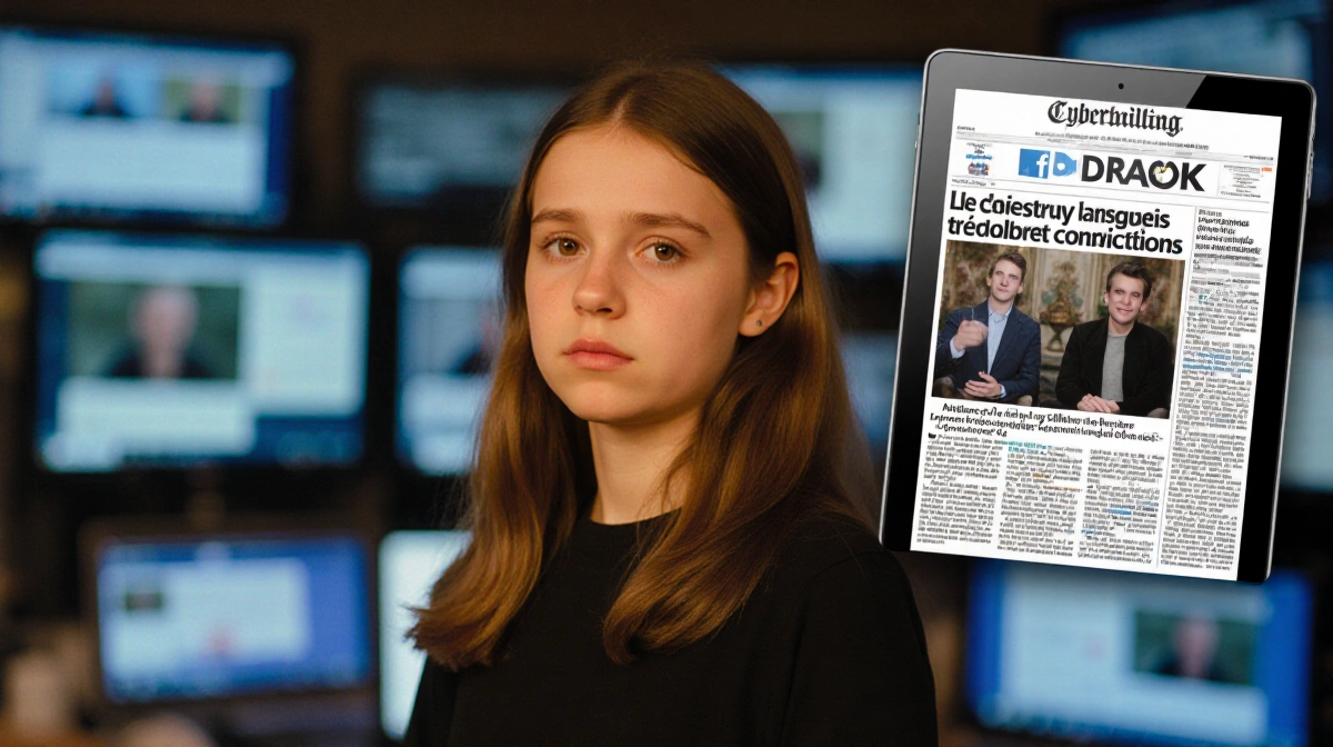 Tiphaine Auzière standing with warm light revealing somber expression and cyberbullying screens and printed article headline