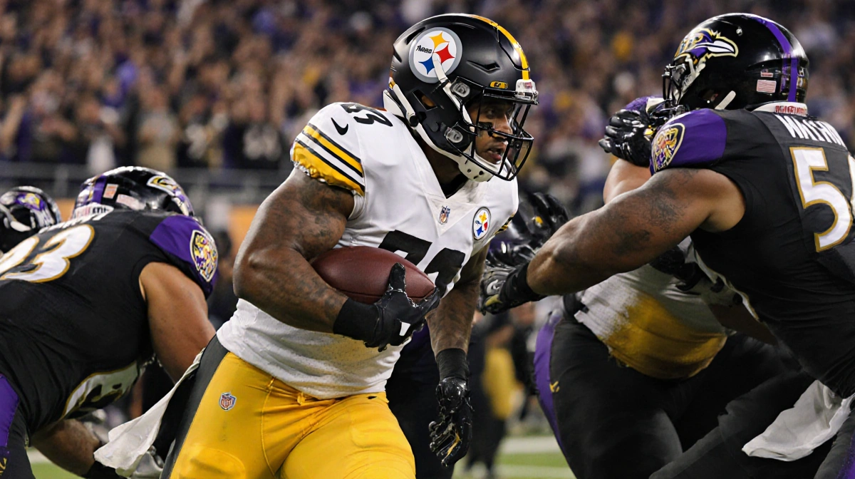 T.J. Watt breaks through a line of Ravens with Steelers jersey and a golden sunset glow on his helmet in a cheering stadium