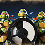 Teenage Mutant Ninja Turtles pose beside VHS tape with warm golden lighting and dark blue background