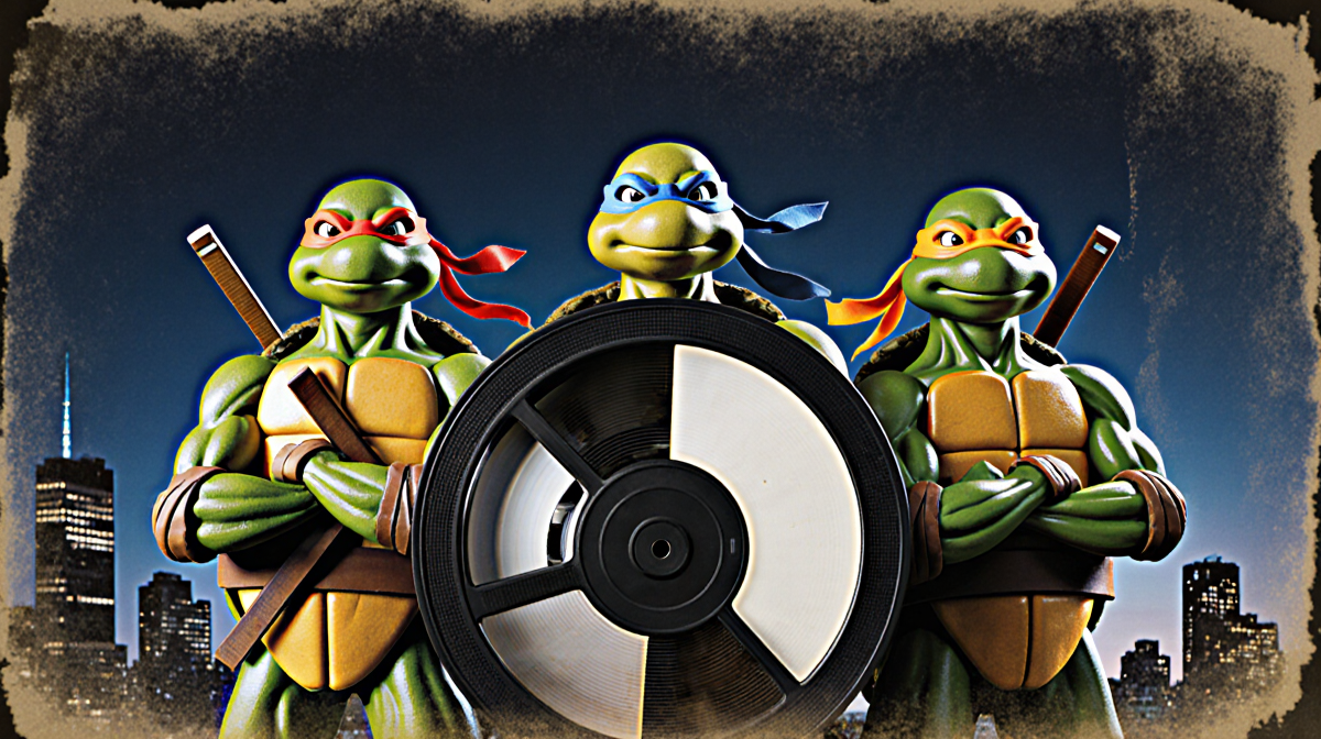 Teenage Mutant Ninja Turtles pose beside VHS tape with warm golden lighting and dark blue background