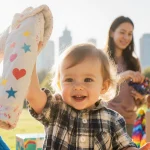 Toddler proudly holding finished coat with bright sunny background and supportive volunteer team in blurred cityscape