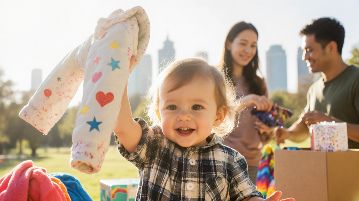 Toddler proudly holding finished coat with bright sunny background and supportive volunteer team in blurred cityscape