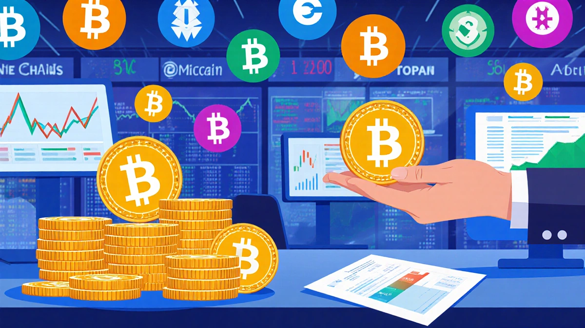 Traders exchanging colorful blockchain tokens with equity stacks and market charts showing tokenized stock trading