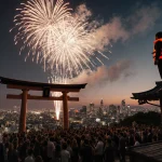 Crowd watching fireworks over torii gates at dusk in Tokyo with a police officer silhouette and rooftop figure orange jacket