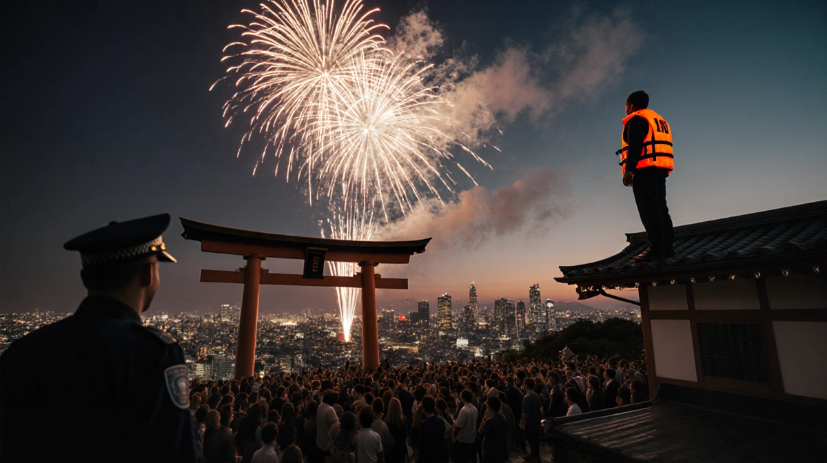 Crowd watching fireworks over torii gates at dusk in Tokyo with a police officer silhouette and rooftop figure orange jacket