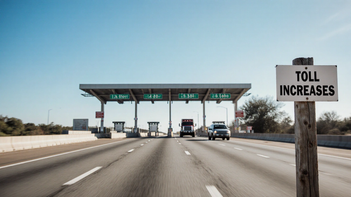 Vehicle axles crossing highway with wooden sign toll increases and clear blue Texas sky