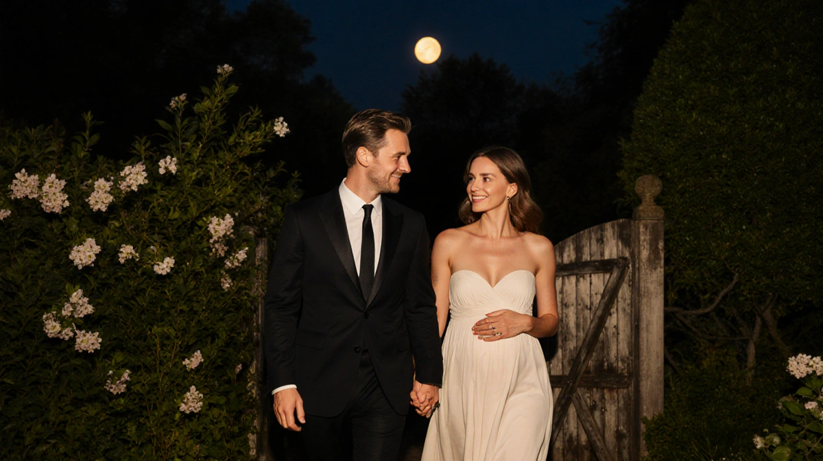 Tom Hiddleston and Zawe Ashton strolling hand in hand with golden glow in a moonlit garden near a vintage wooden gate