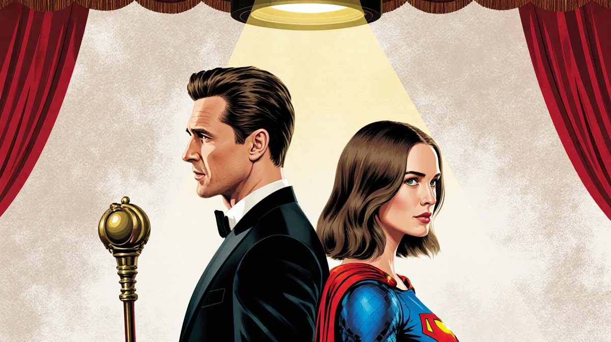 Tom Hiddleston and Zawe Ashton standing back-to-back with spotlight and Loki's staff and superhero cape.