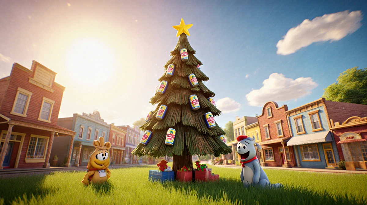 Cartoon-style cedar tree decorated with Lone Star Beer cans stands in Toonstone with colorful buildings and quirky characters