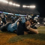 Cam Ward lies on football field clutching injured shoulder with teammates rushing nearby under bright stadium lights grass