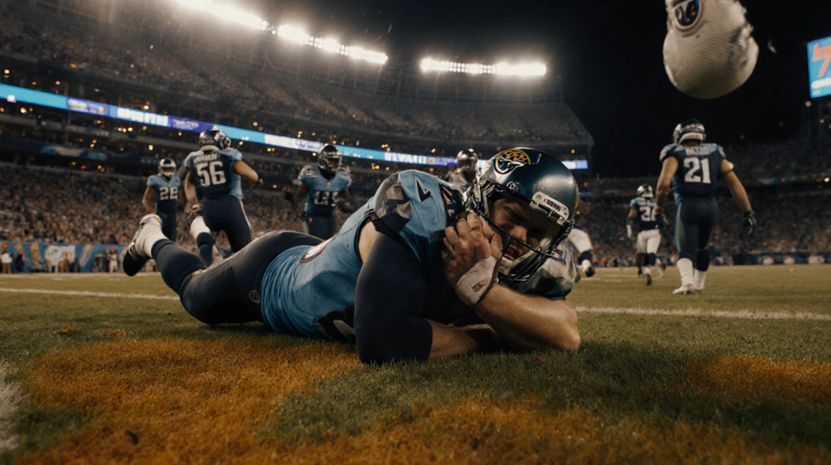 Cam Ward lies on football field clutching injured shoulder with teammates rushing nearby under bright stadium lights grass