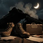 Worn hiking boots stand beside a suitcase with a faded Altadena label and documents with a torn roof and faint smoke above