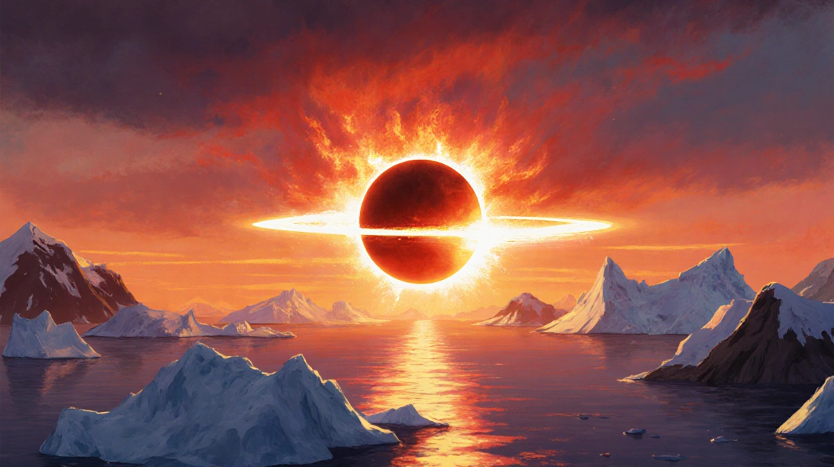 Solar eclipse crossing horizon with glowing corona and icy silhouettes of Antarctica and Greenland