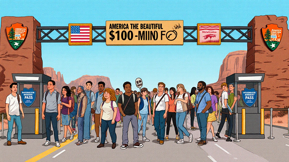 International tourists queuing at a gate with $100 fee signs overhead and crowded ticket booths, some holding America passes.