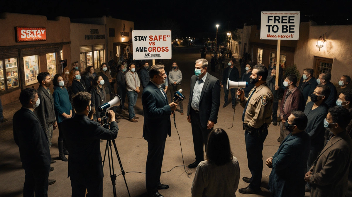 Mayor Ted Garcia confronts Sheriff Joe Cross with masks and banners showing Stay Safe and Free to Be in dim town square