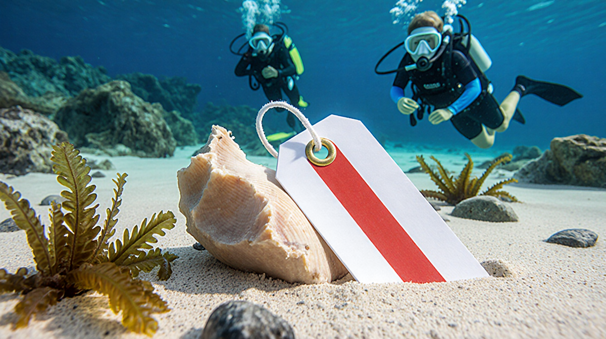 White tracking tag with red stripe attached to shell fragment with seaweed and rocks while snorkelers swim in background