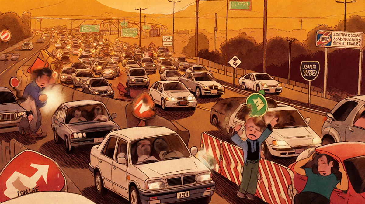 Cars backing up on I-5 southbound with horn honks and traffic barriers near San Ysidro.