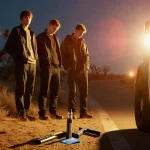 Three suspects standing at traffic stop with police lights and a vape pen beside a credit card