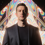 Travis Kalanick standing in front of a colorful prism with swirling kaleidoscope patterns and warm dynamic lighting.