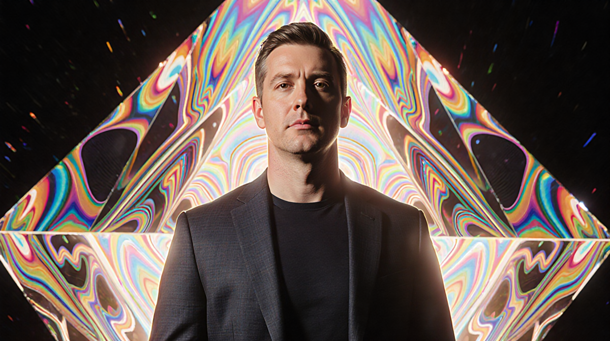 Travis Kalanick standing in front of a colorful prism with swirling kaleidoscope patterns and warm dynamic lighting.