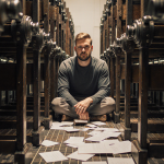Travis Smith standing amid film‑ad blocks with letterpress equipment and freshly printed letters in a warm press room