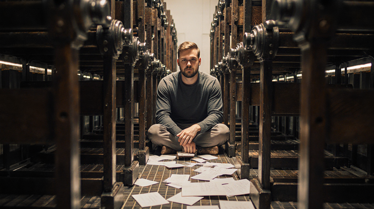 Travis Smith standing amid film‑ad blocks with letterpress equipment and freshly printed letters in a warm press room