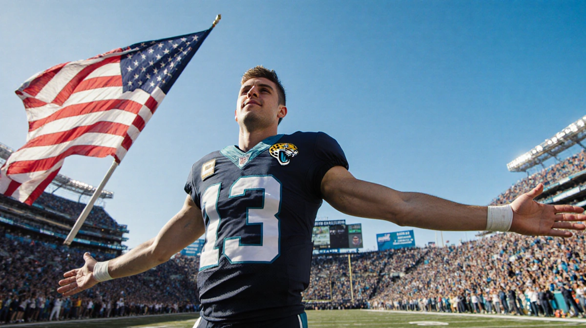 Trevor Lawrence celebrating with open arms and a waving American flag in front of cheering Jaguars fans under blue sky