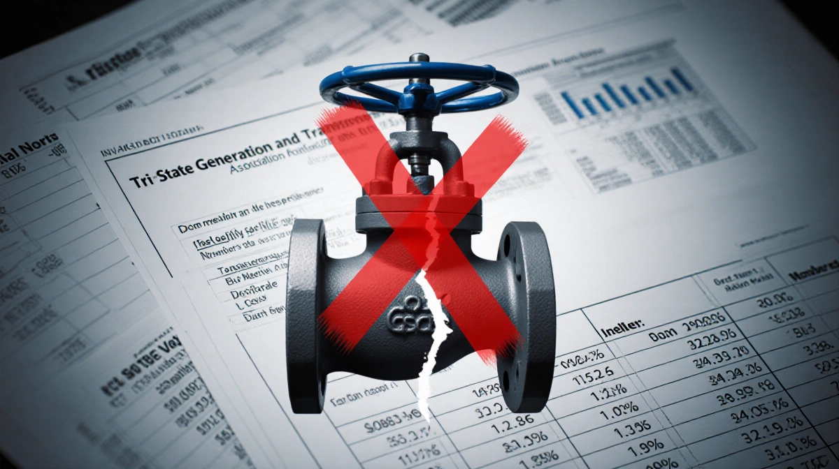 Broken valve marked with a red X sits in a grid representing cooperative ownership with faint financial charts in background.