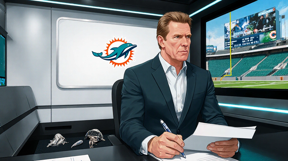 Troy Aikman sits reviewing notes with Miami Dolphins logo in a modern office with seats and worn gear.