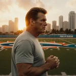 Troy Aikman stands in profile on a Miami football field at sunset with warm golden light and a city skyline behind