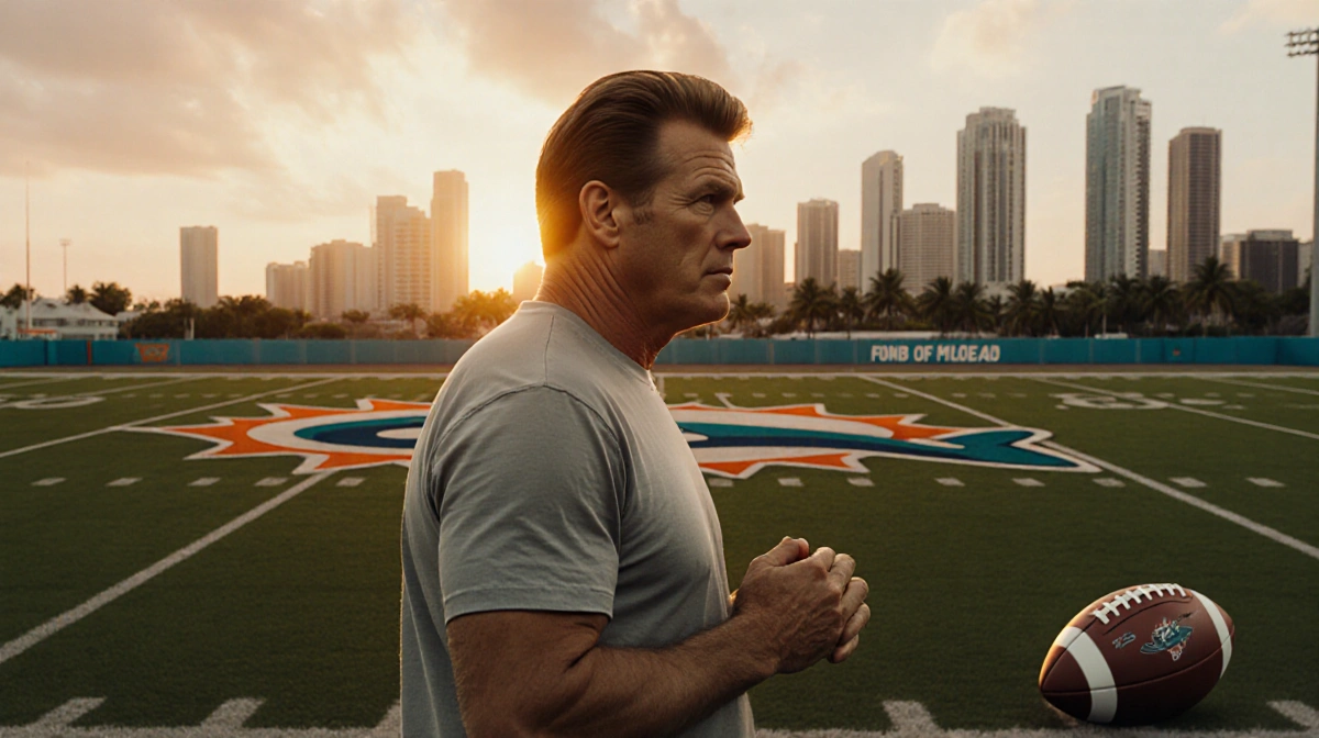 Troy Aikman stands in profile on a Miami football field at sunset with warm golden light and a city skyline behind