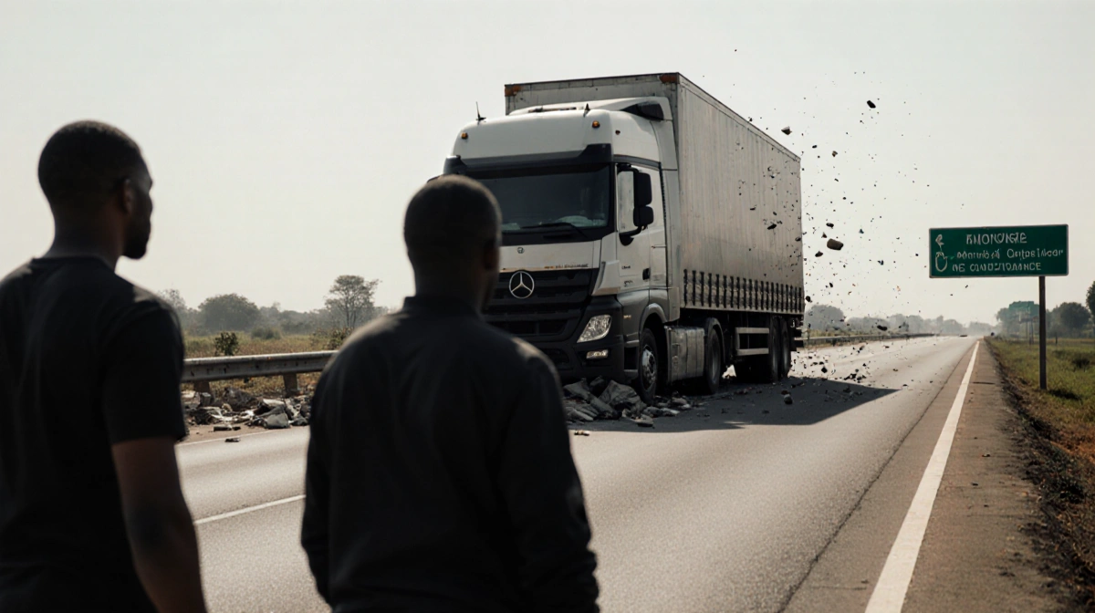 Stationary truck collides with blurred vehicle on Nigerian road with debris flying and coach outline front road sign behind