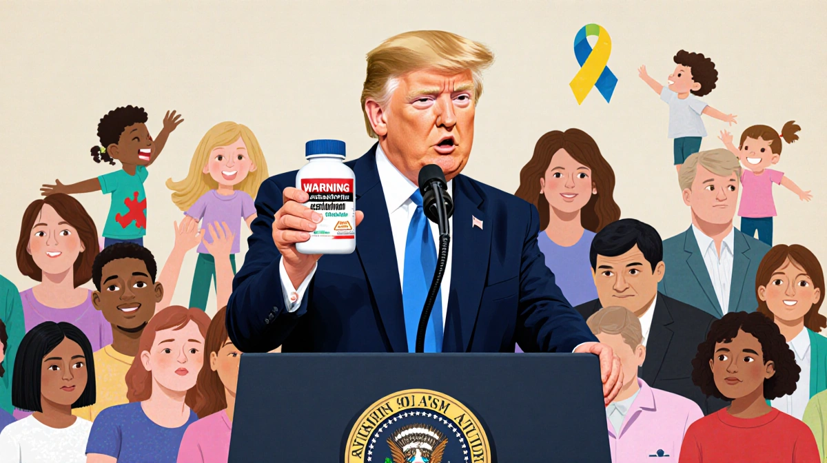 President Trump speaking at podium with acetaminophen bottle warning and autism ribbons nearby
