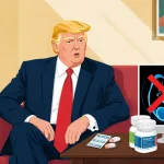 President Trump sits with a stack of aspirin bottles and a CT scan image with a red X.