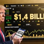 Donald Trump stands before cryptocurrency exchange screen with $1.4 billion profit showing and phone displaying crypto news