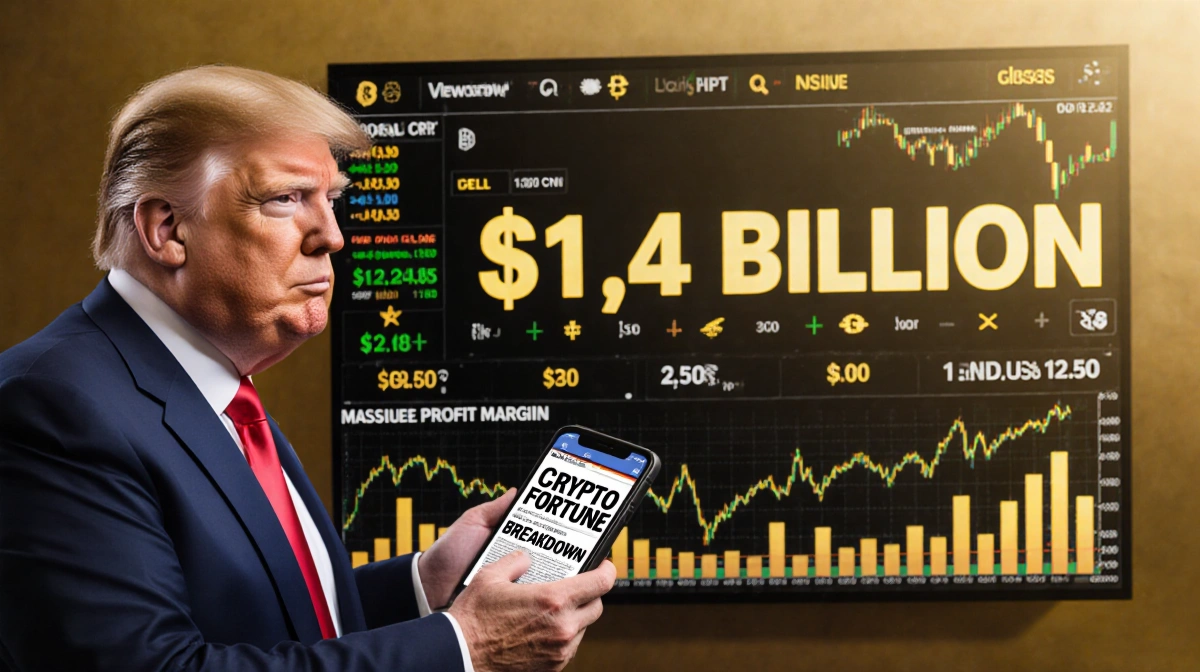 Donald Trump stands before cryptocurrency exchange screen with $1.4 billion profit showing and phone displaying crypto news
