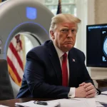 Donald Trump sits at a desk with a CT scan screen behind him and a large metal scanner casting a shadow on his face