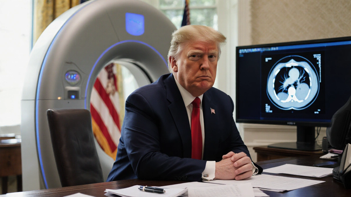 Donald Trump sits at a desk with a CT scan screen behind him and a large metal scanner casting a shadow on his face